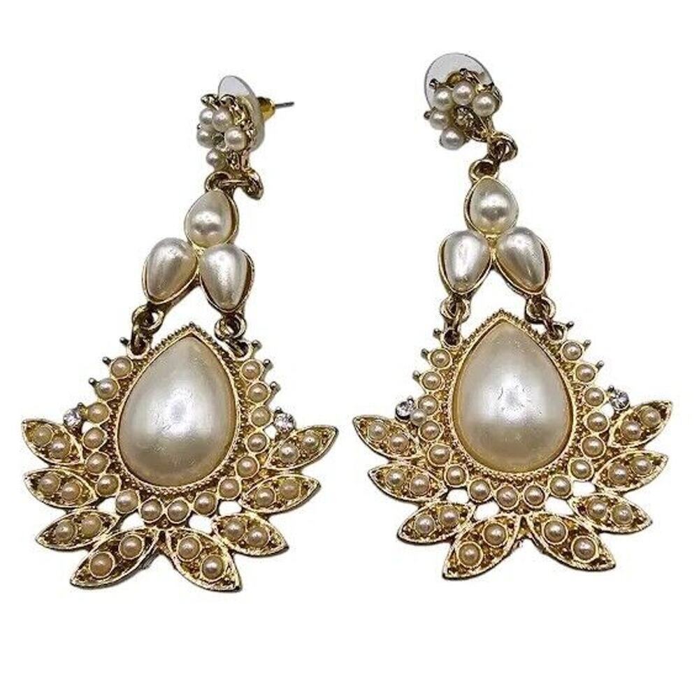 Pierced Earrings Floral Ornate Teardrop Gold Tone Dangle Simulated Pearls